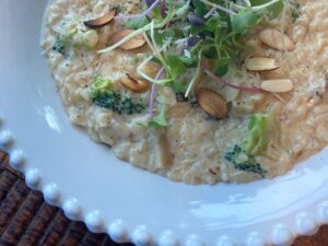 Mushrooms Risotto Mushrooms, onion, garlic, white wine, parmesan, and butter.